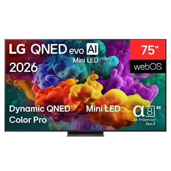Vorderseite von 75″ LG QNED evo AI QNED87 Mini LED 4K Smart TV 2026 75QNED87B6A