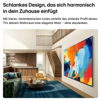 Ein in einem hellen, offenen Wohnbereich an die Wand montierter LG QNED evo AI QNED85 Mini LED in superschlankem Design fügt sich nahtlos in die Inneneinrichtung ein. Der Bildschirm zeigt ein auffälliges geometrisches abstraktes Kunstwerk.