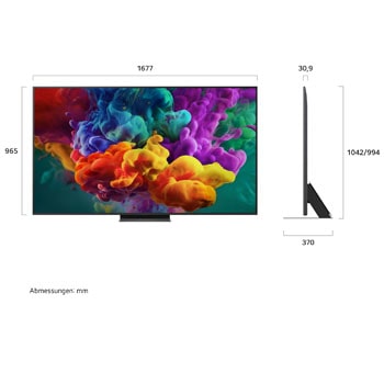 Ein LG QNED evo AI QNED85 Mini LED, hier gezeigt in Vorder- und Seitenansicht, hat ein 75-Zoll-Display mit einer Bildschirmbreite von 1.677 mm und einer Bildschirmhöhe von 965 mm, eine Höhe von 1.032 mm mit Fuß, eine Profiltiefe von nur 30,9 mm und eine Standfläche von 1.349/524 x 359 mm.