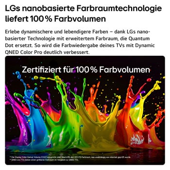 Ein LG QNED evo AI QNED85 Mini LED mit Dynamic QNED Color Pro füllt den Bildschirm mit lebendigen, fließenden Farbspritzern in mehrfarbigen, wie gemalt erscheinenden Bewegungen und verdeutlicht so die weiterentwickelte Farbintensität mit Zertifikat „100% Color Volume“.