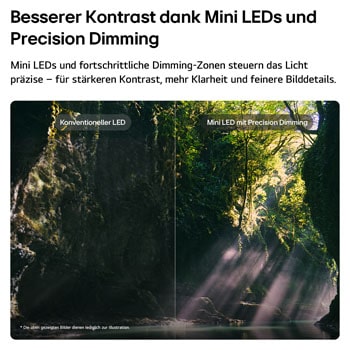 Ein LG QNED evo AI QNED85 Mini LED hebt Mini LED mit Precision Dimming anhand einer geteilten Waldszene hervor und vergleicht herkömmliche LED-Fernsehgeräte mit den tieferen Schwarztönen und dem raffinierteren Kontrast von Mini LED, während Sonnenlicht durch die Bäume fällt, um mehr Klarheit und Tiefe zu erzielen.