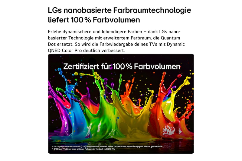 Ein LG QNED evo AI QNED85 Mini LED mit Dynamic QNED Color Pro füllt den Bildschirm mit lebendigen, fließenden Farbspritzern in mehrfarbigen, wie gemalt erscheinenden Bewegungen und verdeutlicht so die weiterentwickelte Farbintensität mit Zertifikat „100% Color Volume“.