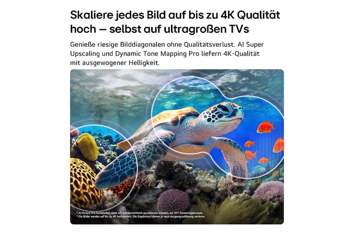Ein LG QNED evo AI QNED85 Mini LED mit AI Picture Pro und Dynamic Tone Mapping Pro zeigt eine Unterwasserszene, in der eine Meeresschildkröte über Korallen und Fischen schwimmt. Die KI erkennt jedes Einzelbild und skaliert es auf eine Auflösung von bis zu 4K hoch.