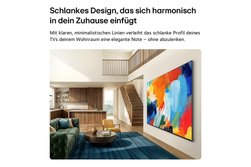 Ein in einem hellen, offenen Wohnbereich an die Wand montierter LG QNED evo AI QNED85 Mini LED in superschlankem Design fügt sich nahtlos in die Inneneinrichtung ein. Der Bildschirm zeigt ein auffälliges geometrisches abstraktes Kunstwerk.
