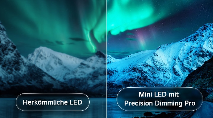 Ein LG QNED evo AI QNED90 Mini LED zeigt Mini LED mit Precision Dimming Pro anhand einer geteilten, von Polarlichtern erleuchteten Gletscherberg-Szene. Dabei werden konventionelle LEDs mit den tieferen Schwarztönen und dem verfeinerten Kontrast der Mini LEDs verglichen, die mehr Präzision und Klarheit erzielen.