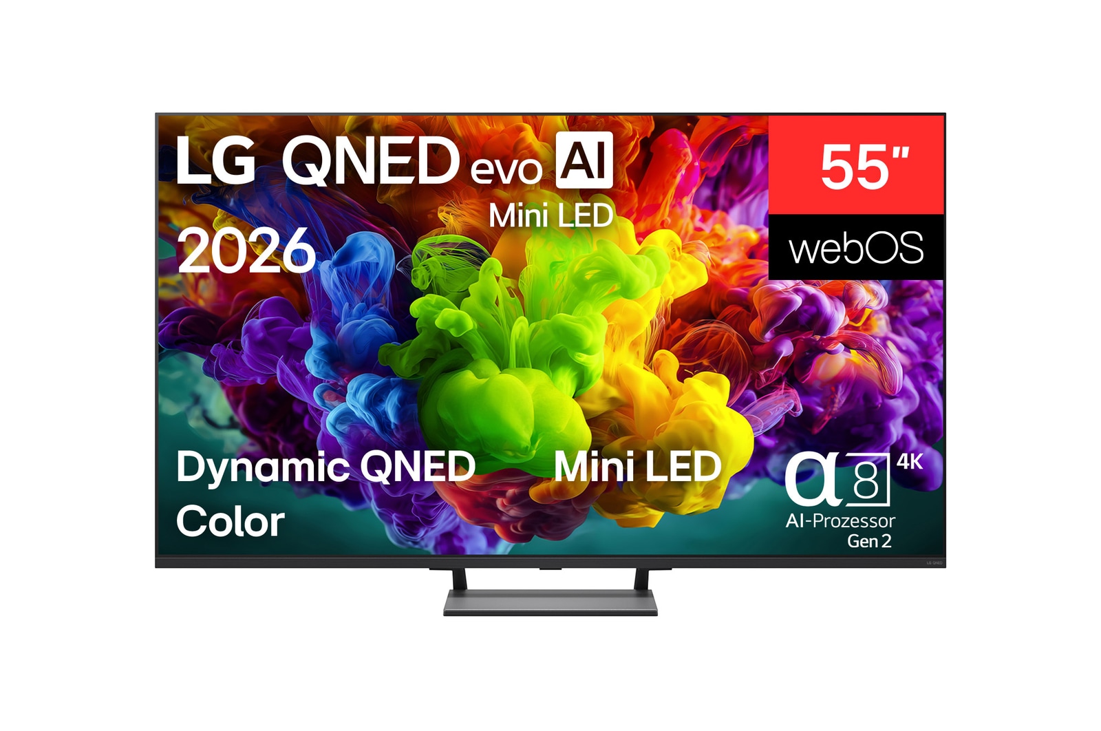 Die Vorderansicht des 2026 auf den Markt gebrachten LG QNED evo AI QNED93 Mini LED füllt den Bildschirm mit lebendigen, fließenden Farbspritzern mehrfarbiger, wie gemalt erscheinender Bewegung, wobei sich fein geschichtete Wolken von Farben sanft über das Display verteilen.