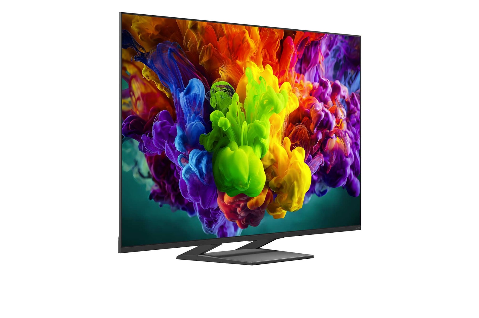 Ein LG QNED evo AI QNED93 Mini LED, hier gezeigt in Vorder- und Seitenansicht, hat ein 55-Zoll-Display mit einer Bildschirmbreite von 1.226 mm und einer Bildschirmhöhe von 709 mm, eine Höhe von 776 mm mit Fuß, eine Profiltiefe von 57,9 mm und eine Standfläche von 324 x 317 mm.