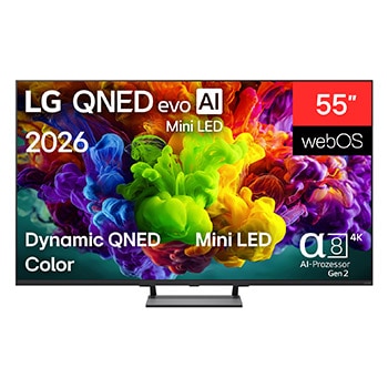 Die Vorderansicht des 2026 auf den Markt gebrachten LG QNED evo AI QNED93 Mini LED füllt den Bildschirm mit lebendigen, fließenden Farbspritzern mehrfarbiger, wie gemalt erscheinender Bewegung, wobei sich fein geschichtete Wolken von Farben sanft über das Display verteilen.
