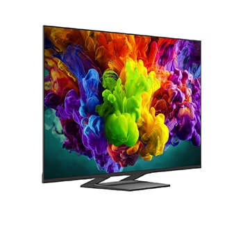 Ein LG QNED evo AI QNED93 Mini LED, hier gezeigt in Vorder- und Seitenansicht, hat ein 55-Zoll-Display mit einer Bildschirmbreite von 1.226 mm und einer Bildschirmhöhe von 709 mm, eine Höhe von 776 mm mit Fuß, eine Profiltiefe von 57,9 mm und eine Standfläche von 324 x 317 mm.
