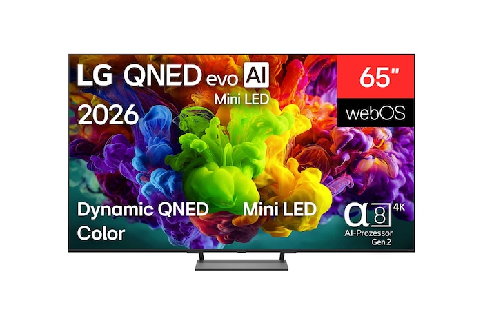 Die Vorderansicht des 2026 auf den Markt gebrachten LG QNED evo AI QNED93 Mini LED füllt den Bildschirm mit lebendigen, fließenden Farbspritzern mehrfarbiger, wie gemalt erscheinender Bewegung, wobei sich fein geschichtete Wolken von Farben sanft über das Display verteilen.
