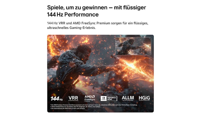 LG QNED evo AI QNED93 Mini LED für ultimatives Gameplay zeigt eine intensive Action-Szene eines Schwertkampfs mit einem Vergleichsbild, das die flüssigere Bewegung hervorhebt und gleichzeitig 144Hz, VRR, AMD FreeSync, ALLM, HGiG und GeForce NOW unterstützt.