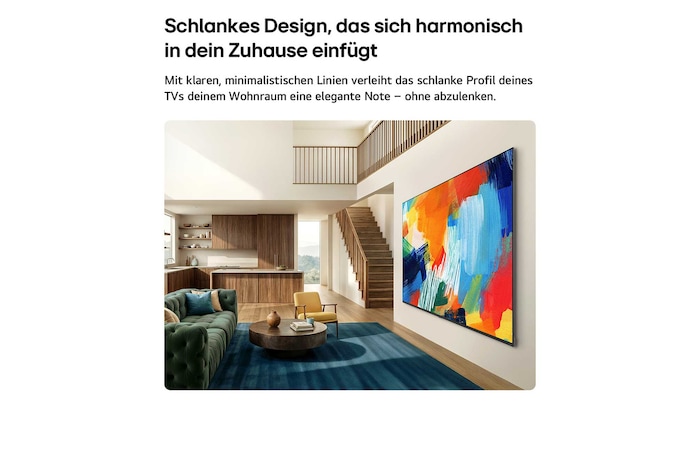 Ein in einem hellen, offenen Wohnbereich an die Wand montierter LG QNED evo AI QNED93 Mini LED in schlankem Design zeichnet sich durch ein schnittiges Profil aus, das sich nahtlos in die Inneneinrichtung einfügt. Der Bildschirm zeigt ein auffälliges, farbenfrohes abstraktes Kunstwerk.