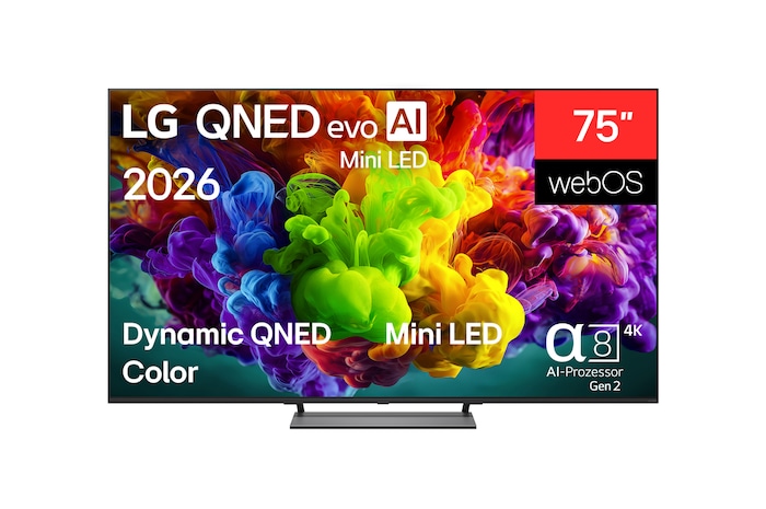 The front view of LG QNED evo AI QNED90 Mini LED, released in 2026, fills the screen with vivid, fluid bursts of multicolored, paint-like motion, as dense clouds of color blend seamlessly across the display.