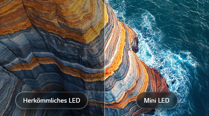 Ein LG QNED AI QNED70 Mini LED verdeutlicht anhand einer geteilten Küstenklippenszene, wie „Mini LED“ schärfere Felsstrukturen und klarere Meeresdetails als herkömmliche LEDs hervorbringt und tieferes Schwarz sowie verfeinerte Kontraste mit mehr Klarheit und Tiefe erzeugt.