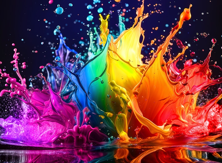 Ein LG QNED AI QNED70 Mini LED mit Dynamic QNED Color füllt den Bildschirm mit lebendigen, fließenden Farbpritzern in mehrfarbigen, wie gemalt erscheinenden Bewegungen und verdeutlicht so den lebendigen Farbausdruck und den 100-prozentigen Farbumfang „100% Color Volume“ bei dynamischen Visuals.