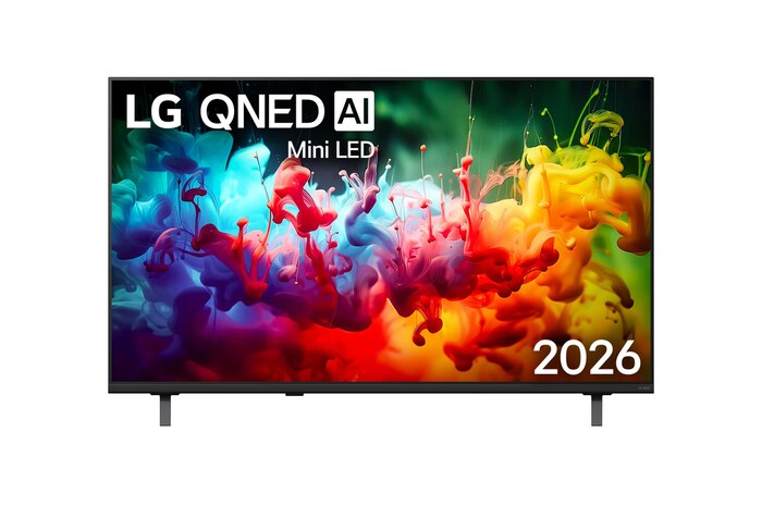 Die Vorderansicht des 2026 auf den Markt gebrachten LG QNED AI QNED70 Mini LED zeigt einen Bildschirm, der mit lebendigen, fließenden Spritzern mehrfarbiger Bewegung gefüllt ist, wobei sich fein geschichtete Farben sanft über das Display verteilen.