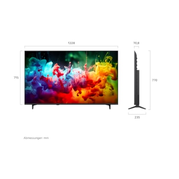 Ein LG QNED AI QNED70 Mini LED, gezeigt in Vorder- und Seitenansicht, hat ein 55-Zoll-Display mit einer Bildschirmbreite von 1.228 mm und einer Bildschirmhöhe von 715 mm, eine Höhe von 776 mm mit Fuß, eine Profiltiefe von 70,8 mm und eine Standfläche von 989 x 230 mm.