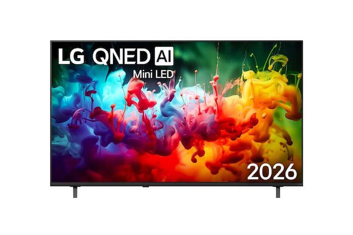 Die Vorderansicht des 2026 auf den Markt gebrachten LG QNED AI QNED70 Mini LED zeigt einen Bildschirm, der mit lebendigen, fließenden Spritzern mehrfarbiger Bewegung gefüllt ist, wobei sich fein geschichtete Farben sanft über das Display verteilen.
