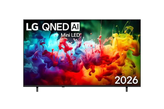 Die Vorderansicht des 2026 auf den Markt gebrachten LG QNED AI QNED70 Mini LED zeigt einen Bildschirm, der mit lebendigen, fließenden Spritzern mehrfarbiger Bewegung gefüllt ist, wobei sich fein geschichtete Farben sanft über das Display verteilen.