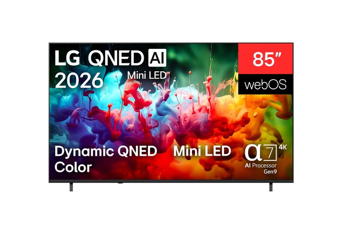 Die Vorderansicht des 2026 auf den Markt gebrachten LG QNED AI QNED70 Mini LED zeigt einen Bildschirm, der mit lebendigen, fließenden Spritzern mehrfarbiger Bewegung gefüllt ist. Das Gerät ist ausgestattet mit Dynamic QNED Color, Mini LED, einem alpha7 AI Prozessor 4K Gen9, webOS und einem 85-Zoll-Display.