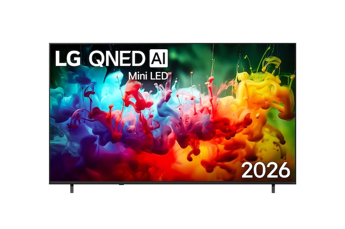 Die Vorderansicht des 2026 auf den Markt gebrachten LG QNED AI QNED70 Mini LED zeigt einen Bildschirm, der mit lebendigen, fließenden Spritzern mehrfarbiger Bewegung gefüllt ist, wobei sich fein geschichtete Farben sanft über das Display verteilen.