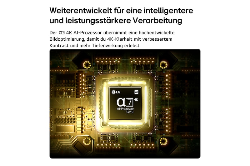 Ein alpha 7 AI Prozessor 4K Gen9 des LG QNED AI QNED70 Mini LED erstrahlt in der Mitte einer gelben Leiterplatte und verdeutlicht so eine intelligentere, leistungsfähigere KI-Verarbeitung, durch die die Klarheit von 4K-Bildern mit noch besserem Kontrast und noch größerer Tiefe gesteigert wird.