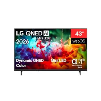 Die Vorderansicht des 2026 auf den Markt gebrachten LG QNED AI QNED70 Mini LED zeigt einen Bildschirm, der mit lebendigen, fließenden Spritzern mehrfarbiger Bewegung gefüllt ist, wobei sich fein geschichtete Farben sanft über das Display verteilen.