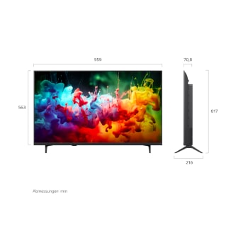 Ein LG QNED AI QNED70 Mini LED, gezeigt in Vorder- und Seitenansicht, verfügt über ein 85-Zoll-Display mit einer Bildschirmbreite von 1.890 mm, einer Bildschirmhöhe von 1.088 mm, einer Höhe von 1.148 mm mit Fuß, einer Profiltiefe von 72,4 mm und einer Standfläche von 1.565 x 362 mm.