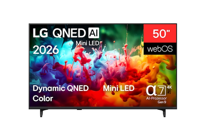 Die Vorderansicht des 2026 auf den Markt gebrachten LG QNED AI QNED70 Mini LED zeigt einen Bildschirm, der mit lebendigen, fließenden Spritzern mehrfarbiger Bewegung gefüllt ist, wobei sich fein geschichtete Farben sanft über das Display verteilen.