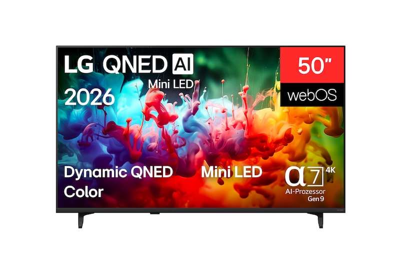 Vorderseite von 50″ LG QNED AI QNED72 Mini LED 4K Smart TV 2026 50QNED72B6B
