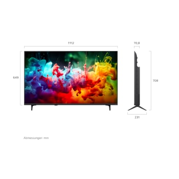 Ein LG QNED AI QNED70 Mini LED, gezeigt in Vorder- und Seitenansicht, verfügt über ein 85-Zoll-Display mit einer Bildschirmbreite von 1.890 mm, einer Bildschirmhöhe von 1.088 mm, einer Höhe von 1.148 mm mit Fuß, einer Profiltiefe von 72,4 mm und einer Standfläche von 1.565 x 362 mm.