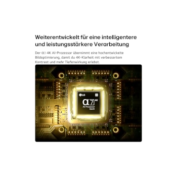 Ein alpha 7 AI Prozessor 4K Gen9 des LG QNED AI QNED70 Mini LED erstrahlt in der Mitte einer gelben Leiterplatte und verdeutlicht so eine intelligentere, leistungsfähigere KI-Verarbeitung, durch die die Klarheit von 4K-Bildern mit noch besserem Kontrast und noch größerer Tiefe gesteigert wird.