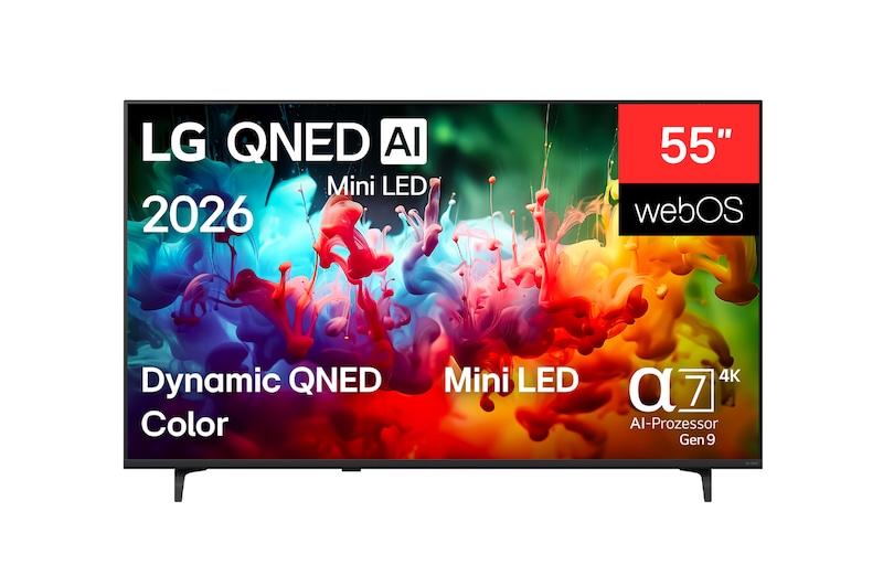 Vorderseite von 55″ LG QNED AI QNED72 Mini LED 4K Smart TV 2026 55QNED72B6B