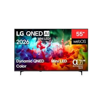Die Vorderansicht des 2026 auf den Markt gebrachten LG QNED AI QNED70 Mini LED zeigt einen Bildschirm, der mit lebendigen, fließenden Spritzern mehrfarbiger Bewegung gefüllt ist, wobei sich fein geschichtete Farben sanft über das Display verteilen.