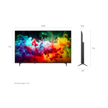 Ein LG QNED AI QNED70 Mini LED, gezeigt in Vorder- und Seitenansicht, verfügt über ein 85-Zoll-Display mit einer Bildschirmbreite von 1.890 mm, einer Bildschirmhöhe von 1.088 mm, einer Höhe von 1.148 mm mit Fuß, einer Profiltiefe von 72,4 mm und einer Standfläche von 1.565 x 362 mm.