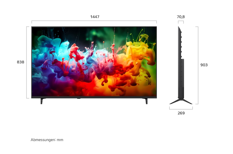 Ein LG QNED AI QNED70 Mini LED, gezeigt in Vorder- und Seitenansicht, verfügt über ein 85-Zoll-Display mit einer Bildschirmbreite von 1.890 mm, einer Bildschirmhöhe von 1.088 mm, einer Höhe von 1.148 mm mit Fuß, einer Profiltiefe von 72,4 mm und einer Standfläche von 1.565 x 362 mm.