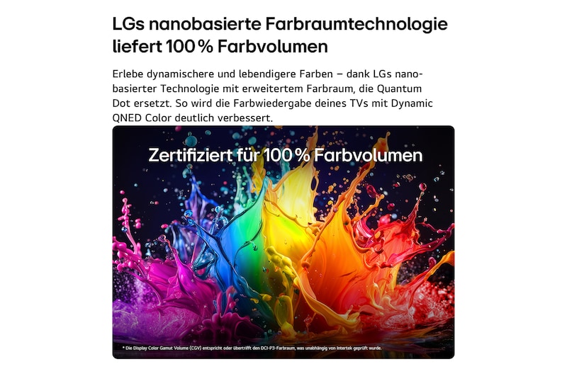 Ein LG QNED AI QNED70 Mini LED mit Dynamic QNED Color füllt den Bildschirm mit lebendigen, fließenden Spritzern in mehrfarbigen, wie gemalt erscheinenden Bewegungen und verdeutlicht so die weiterentwickelte Farbintensität mit Zertifikat „100% Color Volume“.