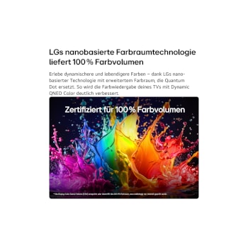 Ein LG QNED AI QNED70 Mini LED mit Dynamic QNED Color füllt den Bildschirm mit lebendigen, fließenden Spritzern in mehrfarbigen, wie gemalt erscheinenden Bewegungen und verdeutlicht so die weiterentwickelte Farbintensität mit Zertifikat „100% Color Volume“.