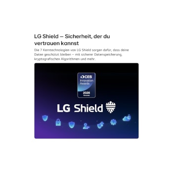 LG Shield, angewendet auf LG QNED AI QNED70 Mini LED, wird mit einem LG Shield-Logo in der Mitte, Sicherheitssymbolen darunter und einem 2026 CES Innovation Awards Honoree-Emblem darüber gezeigt, das für Daten- und Systemschutz steht.