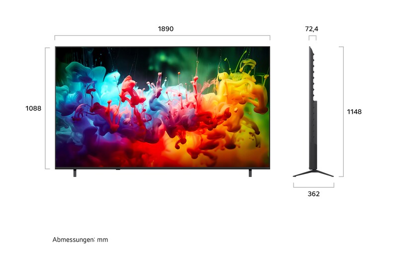 Ein LG QNED AI QNED70 Mini LED, gezeigt in Vorder- und Seitenansicht, verfügt über ein 85-Zoll-Display mit einer Bildschirmbreite von 1.890 mm, einer Bildschirmhöhe von 1.088 mm, einer Höhe von 1.148 mm mit Fuß, einer Profiltiefe von 72,4 mm und einer Standfläche von 1.565 x 362 mm.