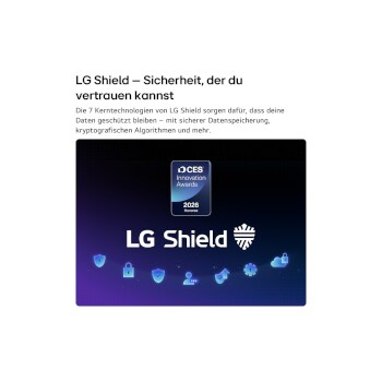 LG Shield, angewendet auf LG QNED AI QNED70 Mini LED, wird mit einem LG Shield-Logo in der Mitte, Sicherheitssymbolen darunter und einem 2026 CES Innovation Awards Honoree-Emblem darüber gezeigt, das für Daten- und Systemschutz steht.