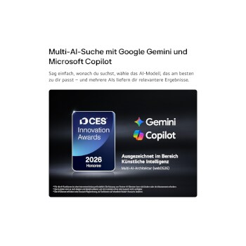 Das Emblem „CES Innovation Awards Honoree 2026“ in der Kategorie „Künstliche Intelligenz“ würdigt Multi AI Search mit Google Gemini und Microsoft Copilot.