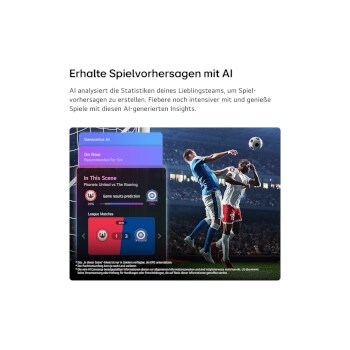 Ein LG QNED evo AI QNED70 Mini LED Sports Forecast by AI Concierge zeigt ein Live-Fußballspiel mit einem KI-Panel auf dem Bildschirm, das Vorhersagen, Spielinformationen und Ligadaten anzeigt und verdeutlicht, wie KI das Spielgeschehen analysiert, um Spielergebnisse vorherzusagen. 