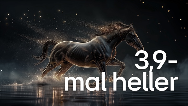 Der vom alpha 11 Gen3 4K AI-Prozessor angetriebene LG OLED evo TV zeigt eine dunkle Szene mit leuchtenden Partikeln, die sich um eine Pferdesilhouette bilden, und bietet höhere Leuchtkraft, klarere Details und eine bis zu 3,9-mal hellere Spitzenhelligkeit.