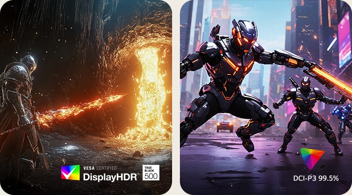 Spilgrafik side om side demonstrerer LG UltraGear-skærmens ydeevne, hvor venstre viser en fantasikriger i en hule under glødende lava, der fremhæver VESA DisplayHDR True Black 500, og højre viser futuristiske soldater med energisværd i en neonby, der demonstrerer DCI-P3 99,5 % farvedækning.