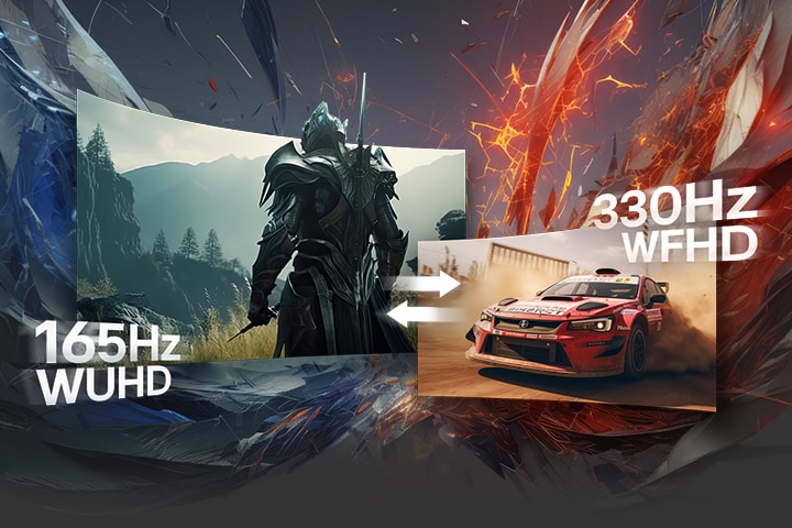 En LG UltraGear-skærm illustrerer dobbelttilstanden med en fantasikrigerscene ved 165 Hz WUHD-opløsning til venstre og en racerbil ved 330Hz WFHD-opløsning til højre, hvilket understreger fleksibel opdateringshastighed og opløsningsmuligheder.