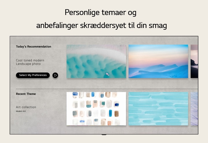 LG Gallery+ har et layout, der fremhæver personlige temaer og anbefalinger.