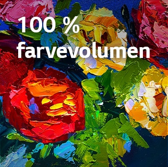 LG Gallery TV AI med rammen LX7 ART TV med Dynamic QNED Color viser et nærbillede af rigt tekstureret kunst, hvor intensiverede røde, gule og grønne farver fremhæver dens 100 % farvevolumen og vækker kunst til live.