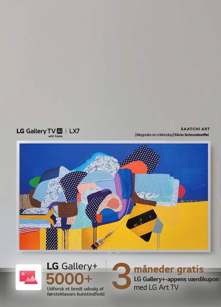 LG Gallery TV AI med rammen LX7 ART TV viser farverige, abstrakte kunstværker fra LG Gallery+ på skærmen i en indretning i galleristil, hvilket fremhæver, at en 3-måneders gratis LG Gallery+-voucher giver adgang til over 5.000 førsteklasses kunstværker.