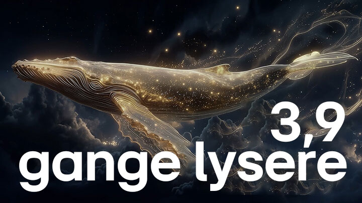 LG OLED evo AI G6 med Brightness Booster Ultra viser en mørk scene, hvor glødende partikler omgiver en hvalsilhuet og giver op til 3,9 gange lysere spidslysstyrke med højere lysstyrke og klarere detaljer.